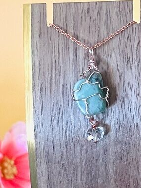 Rose gold plated wire wrapped natural green stone pendant